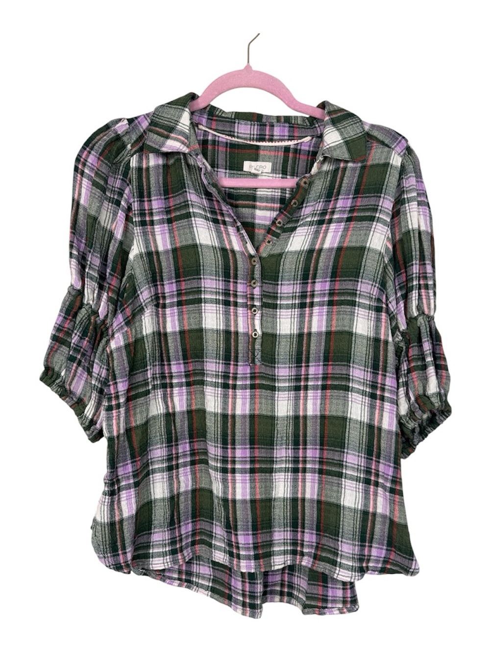 Pilcro Green Purple Plaid Henley Blouse Womens S Casual Fall Shirt Ruffled Boho